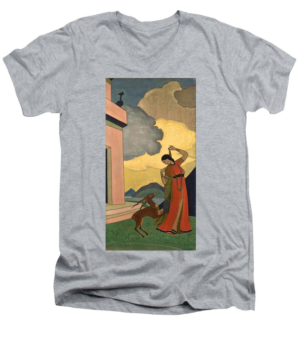 1920 Men's V-Neck T-Shirt featuring the painting Song of the Morning by Nicholas Roerich