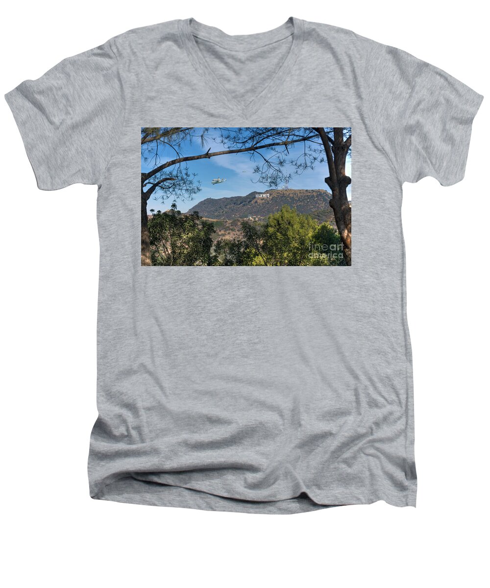 Space Shuttle Endeavour Over Los Angeles Ca Men's V-Neck T-Shirt featuring the photograph Space shuttle Endeavour over Hollywood Sign by David Zanzinger