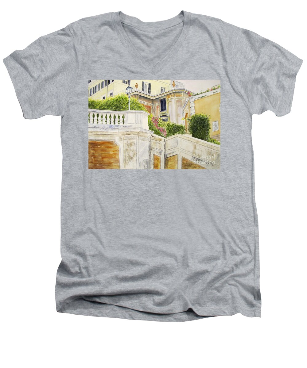 Spanish Steps Men's V-Neck T-Shirt featuring the painting Spanish Steps by Carol Flagg