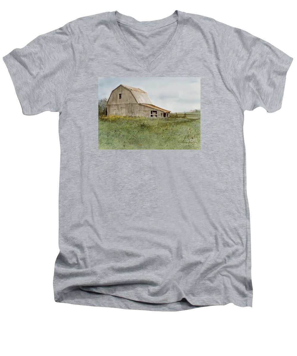 Springtime In Northeastern Oklahoma Finds This Old Barn Surrounded By The First Flowers Of The New Season. Men's V-Neck T-Shirt featuring the painting Spring Bouquet by Monte Toon