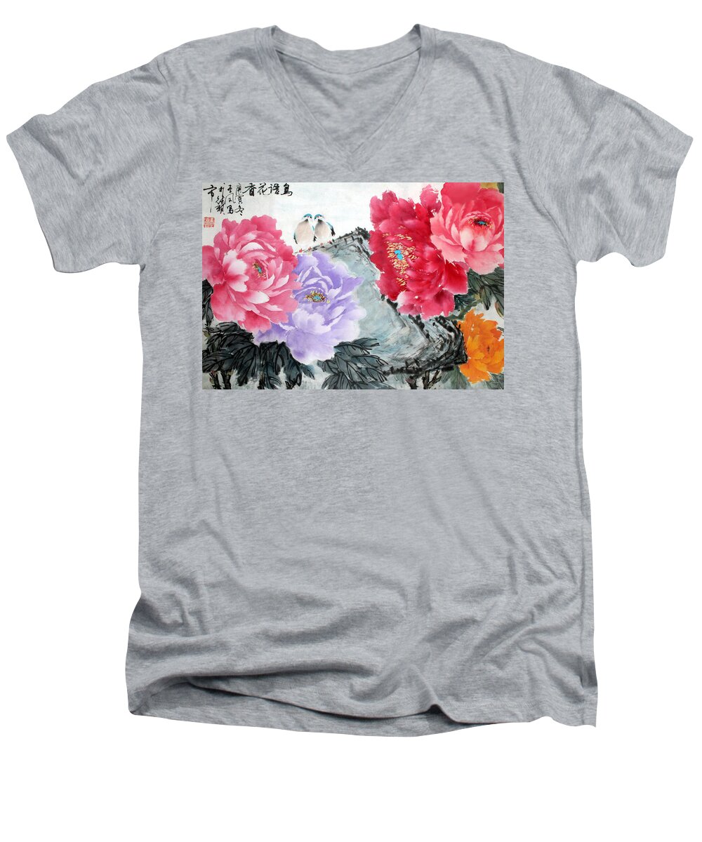 Red Peonies Men's V-Neck T-Shirt featuring the photograph Spring Melody by Yufeng Wang