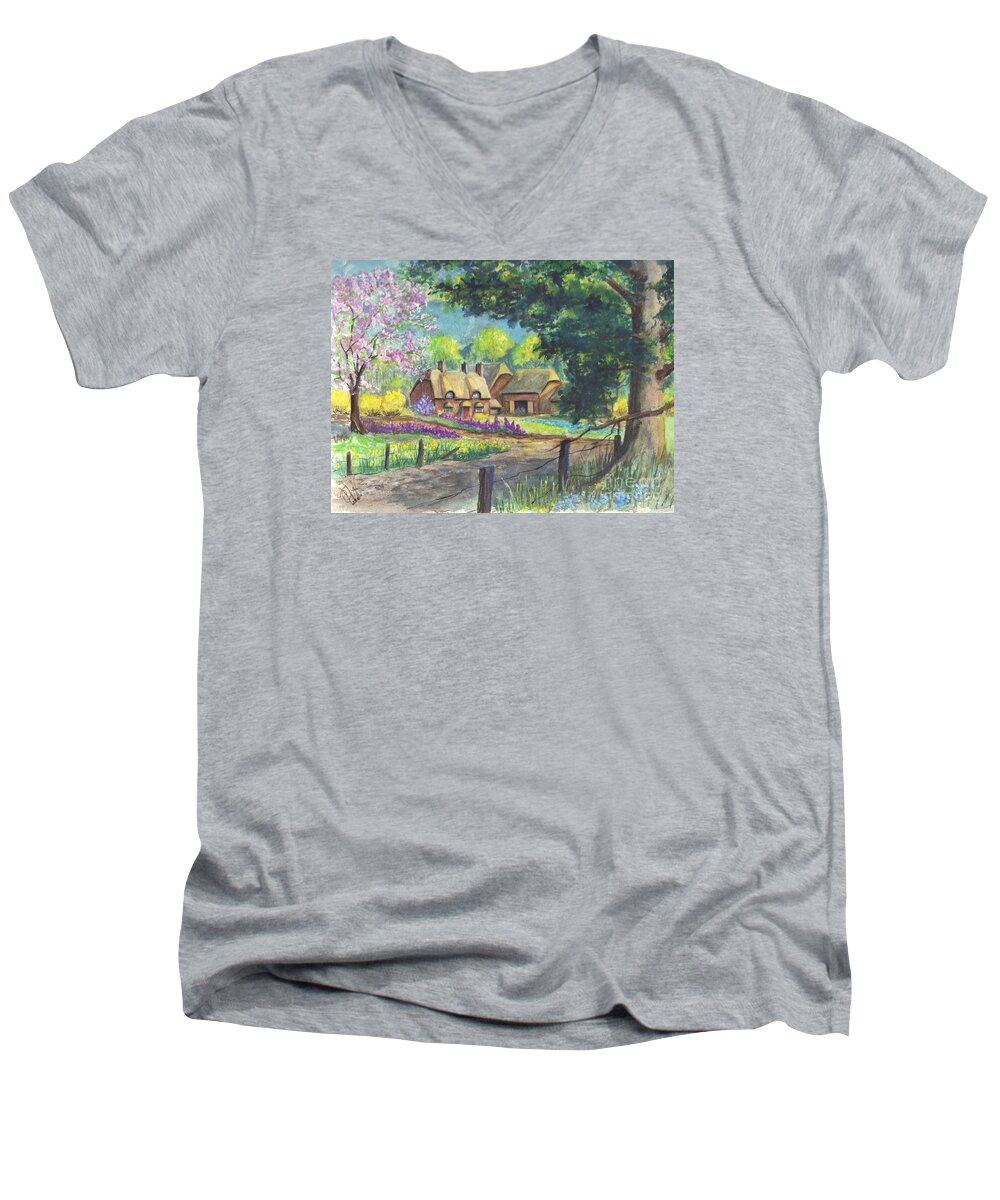 Hand Painted Men's V-Neck T-Shirt featuring the painting Springtime Cottage by Carol Wisniewski