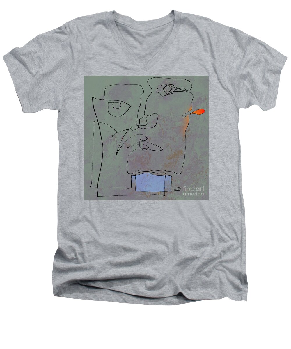 Red Ear Men's V-Neck T-Shirt featuring the painting Squigglehead with blue scarf and red ear by Paul Davenport