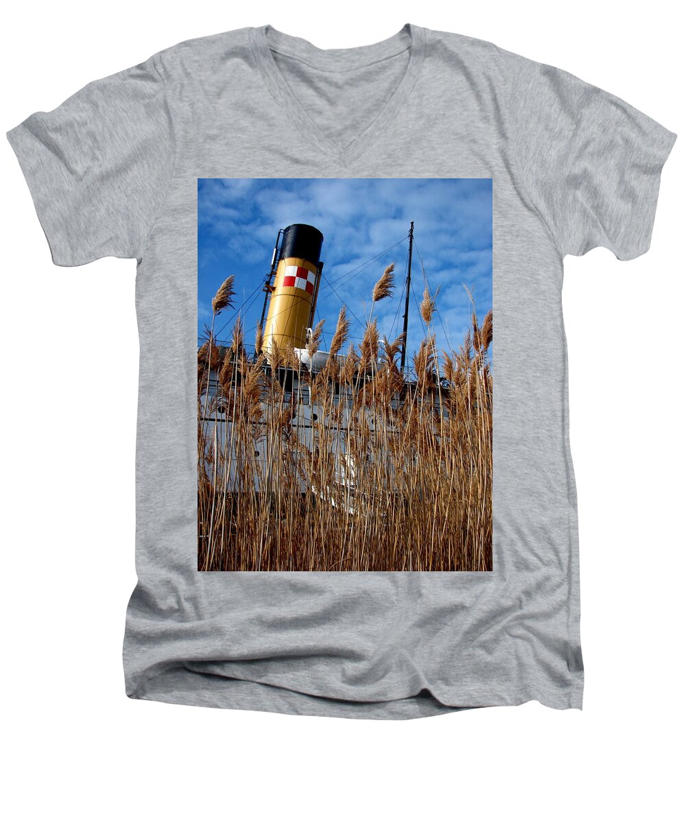 S.s. Keewatin Men's V-Neck T-Shirt featuring the photograph S.S. Keewatin with Grasses by Michelle Calkins