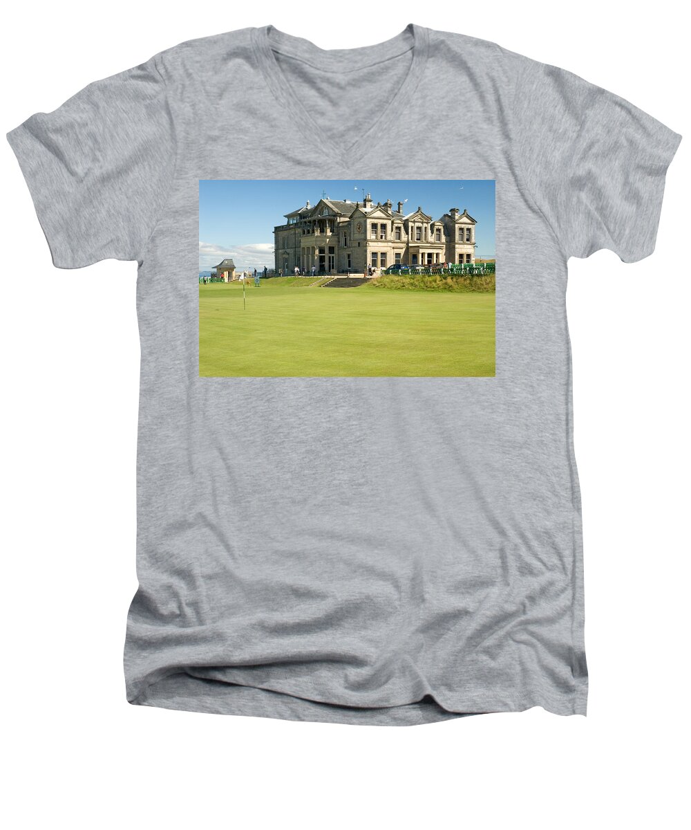  St. Andrews Men's V-Neck T-Shirt featuring the photograph St Andrews Final Green and Clubhouse by Jeremy Voisey