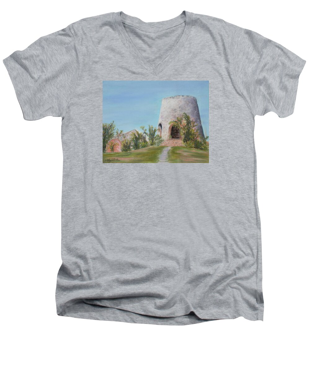 St. Croix Men's V-Neck T-Shirt featuring the pastel St. Croix Sugar Mill by Mary Benke