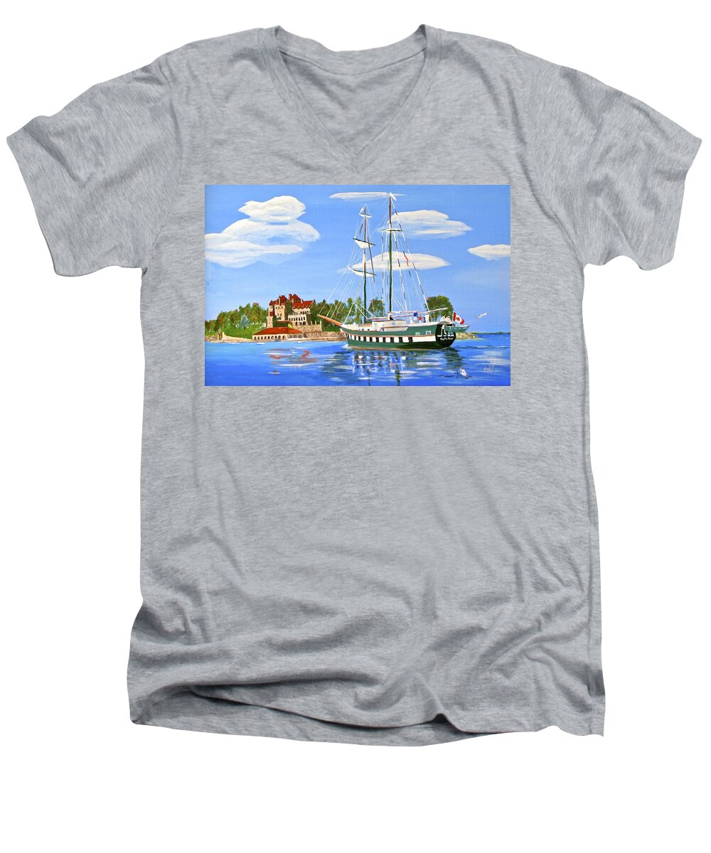 Masted Ship Men's V-Neck T-Shirt featuring the painting St Lawrence Waterway 1000 Islands by Phyllis Kaltenbach