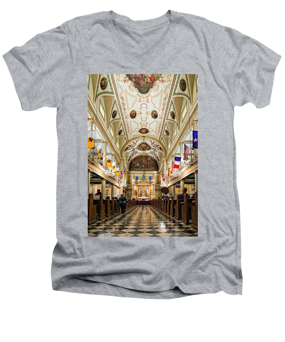French Quarter Men's V-Neck T-Shirt featuring the photograph St. Louis Cathedral by Steve Harrington