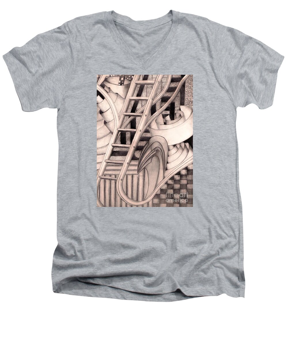 Drawing Men's V-Neck T-Shirt featuring the drawing Stairway to.... by John Stuart Webbstock