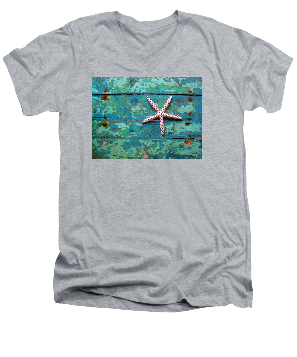 Seashore Men's V-Neck T-Shirt featuring the photograph Seashore Peeling Paint - Starfish and Turquoise by Rebecca Korpita
