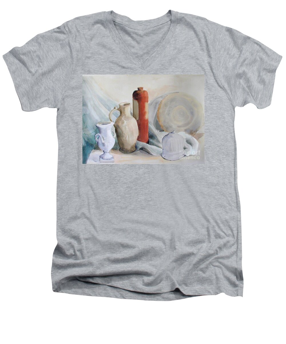 Watercolor Greta Corens Men's V-Neck T-Shirt featuring the painting Watercolor Still life with Pottery and Stone by Greta Corens