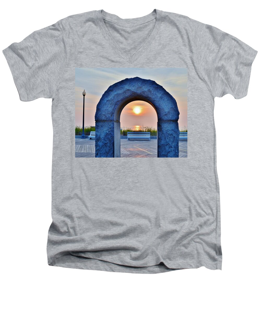 Fountain Men's V-Neck T-Shirt featuring the photograph Sunrise Through the Arch - Rehoboth Beach Delaware by Kim Bemis