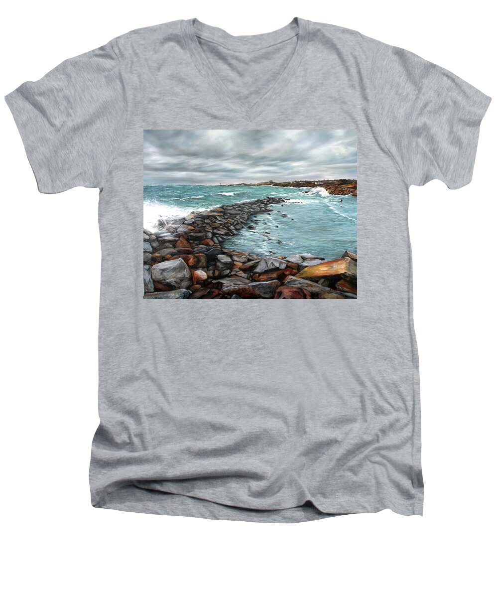 Rockport Men's V-Neck T-Shirt featuring the painting Storm in Rockport Harbor by Eileen Patten Oliver