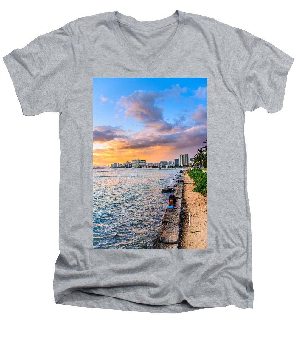 Paradise Men's V-Neck T-Shirt featuring the photograph Stormy Sunset 2 by Jason Chu