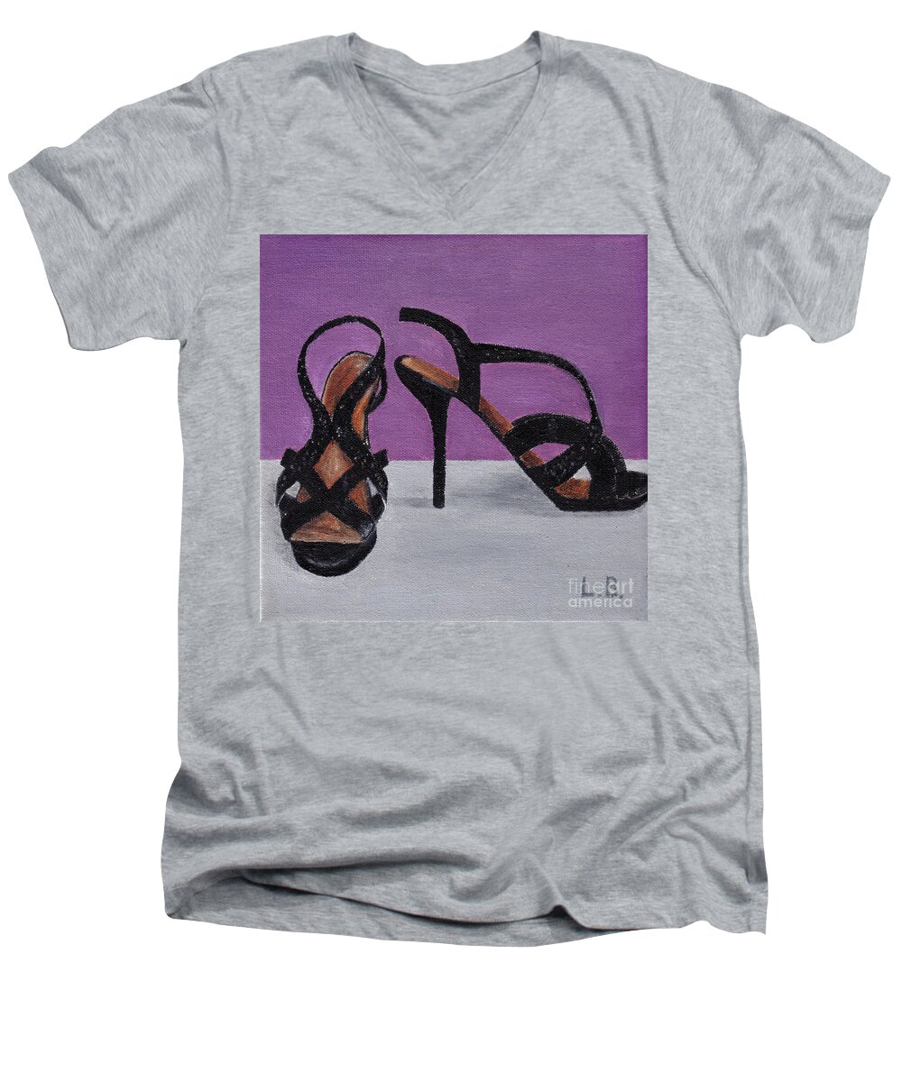 Strappy Men's V-Neck T-Shirt featuring the painting Strappy Black Heels for Maddy by Laurel Best