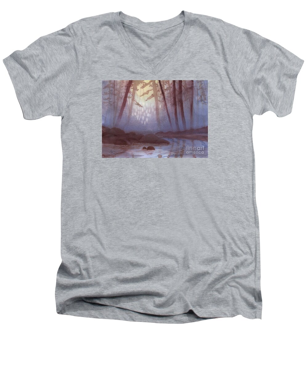 Landscape Men's V-Neck T-Shirt featuring the painting Stream in Mist by Lynn Quinn