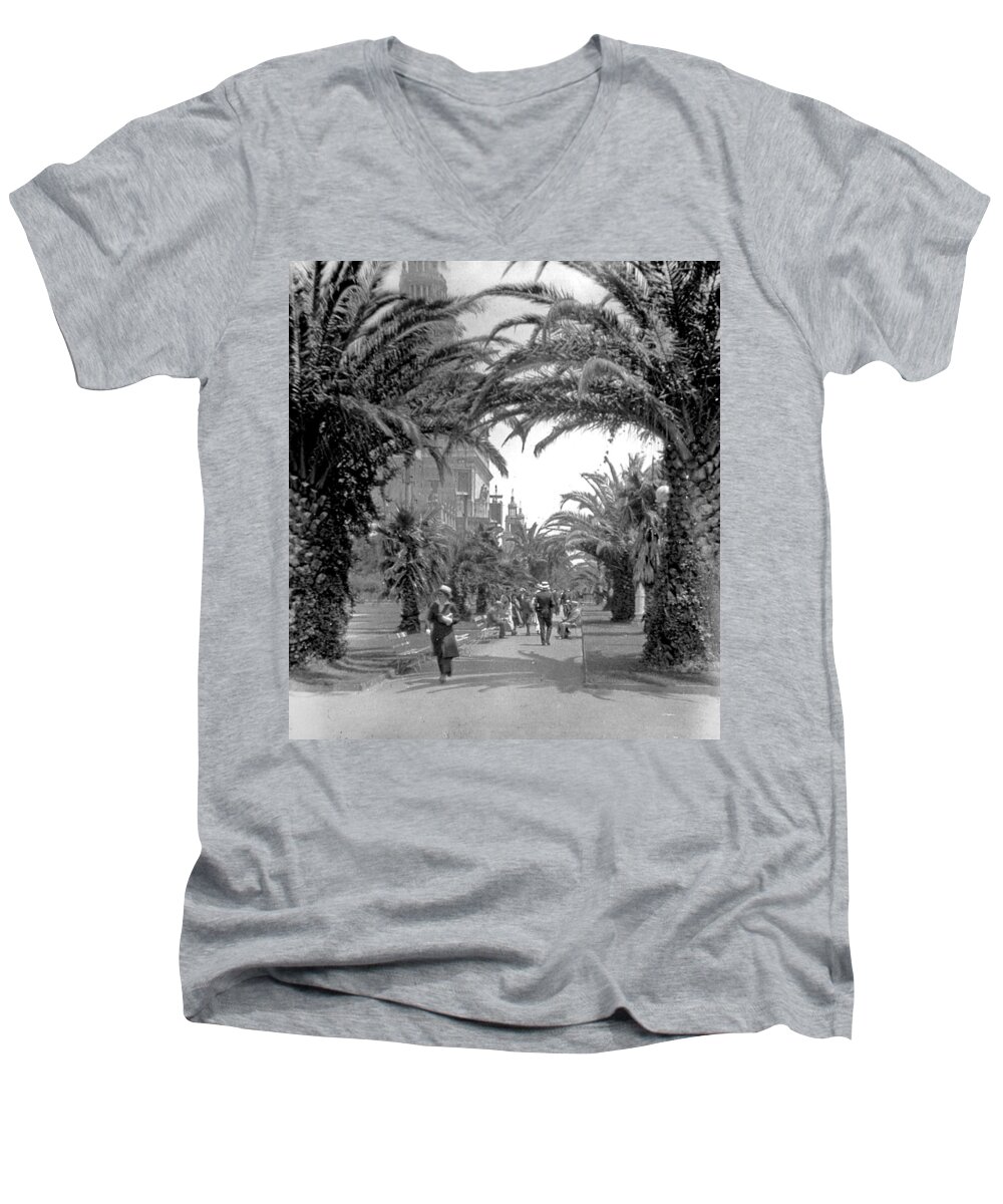 Vintage Photograph Men's V-Neck T-Shirt featuring the photograph Avenue of the Palms, San Francisco by A Macarthur Gurmankin
