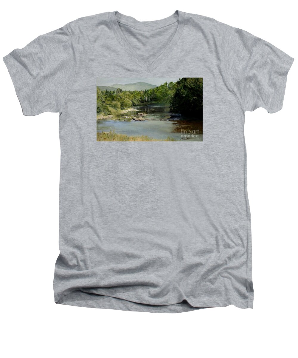 Vermont Men's V-Neck T-Shirt featuring the painting Summer on the River in Vermont by Laurie Rohner
