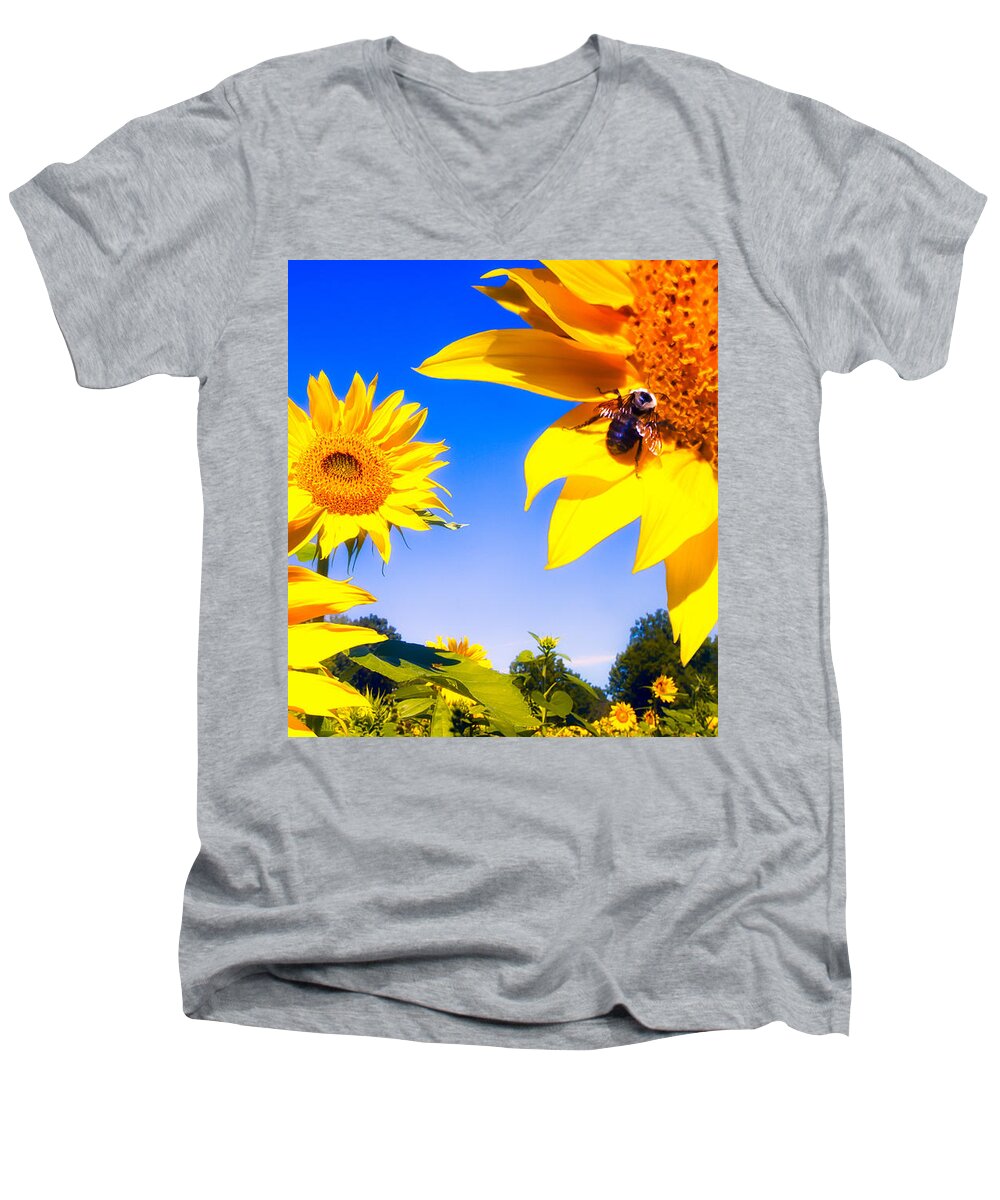 Sunflower Men's V-Neck T-Shirt featuring the photograph Summertime Sunflowers by Bob Orsillo