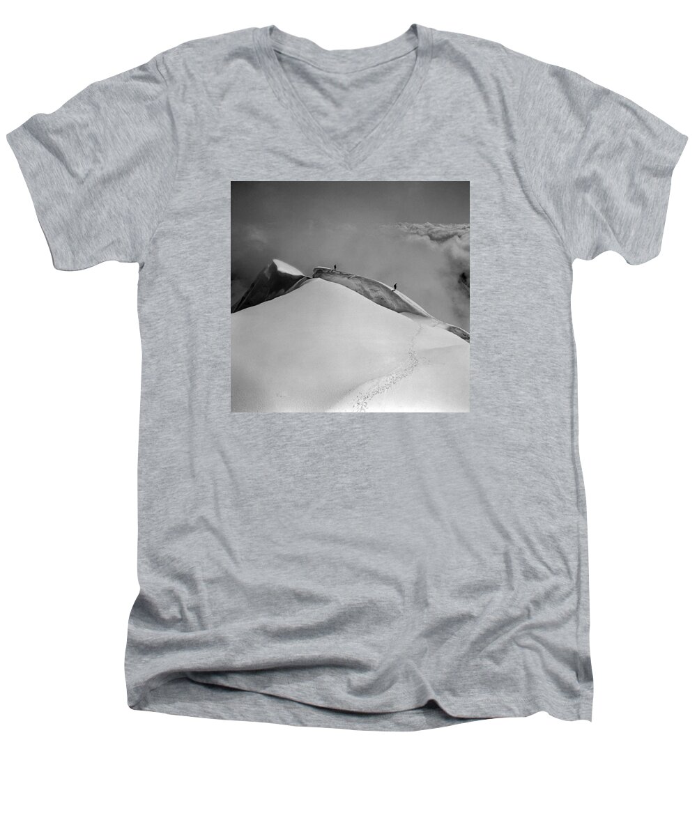 Summit Men's V-Neck T-Shirt featuring the photograph T-702412-BW-Summit of Mt. Robson by Ed Cooper Photography