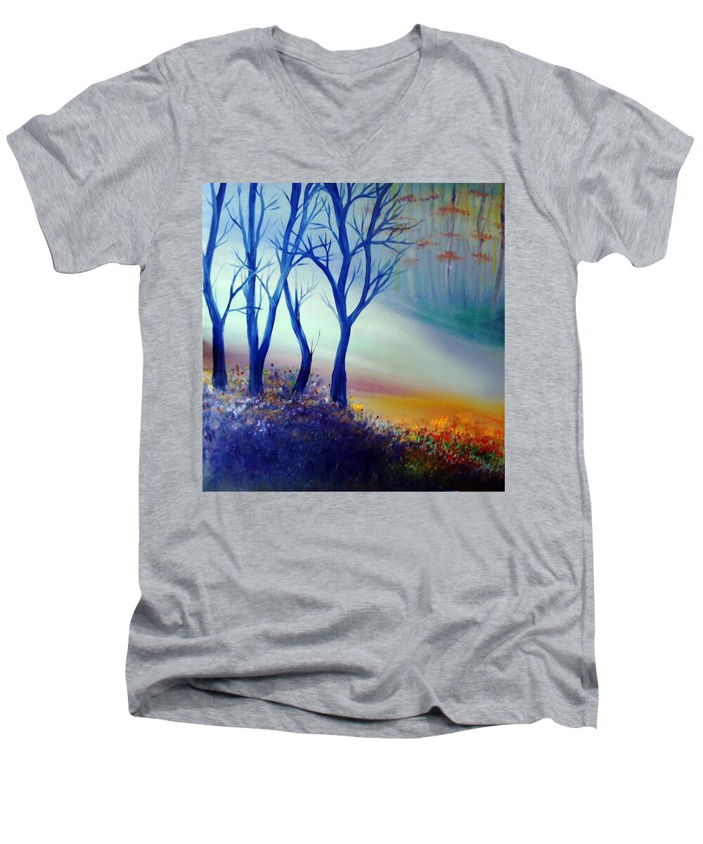 Original Art Men's V-Neck T-Shirt featuring the painting Sun ray in blue by Lilia S