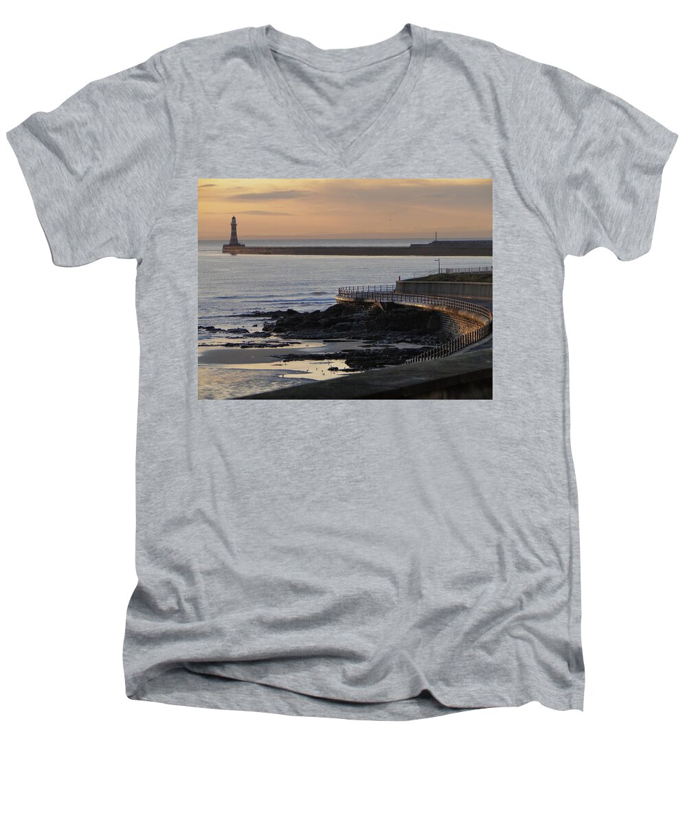 Sunrise On Roker Lighthouse In Sunderland Men's V-Neck T-Shirt featuring the photograph Sunderland Sunrise by Julia Wilcox
