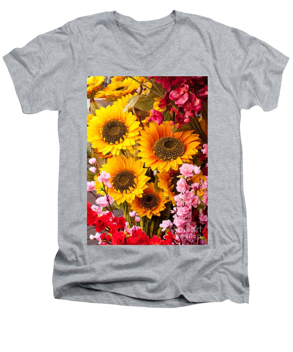Artificial Men's V-Neck T-Shirt featuring the photograph Sunflowers by Rick Piper Photography