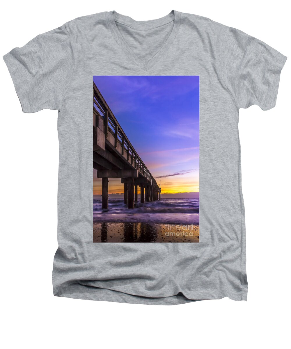 Clouds Men's V-Neck T-Shirt featuring the photograph Sunrise at the Pier by Marvin Spates