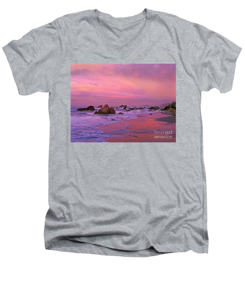 Oregon Men's V-Neck T-Shirt featuring the photograph Sunrise on Sea Stacks Harris SB Oregon by Dave Welling
