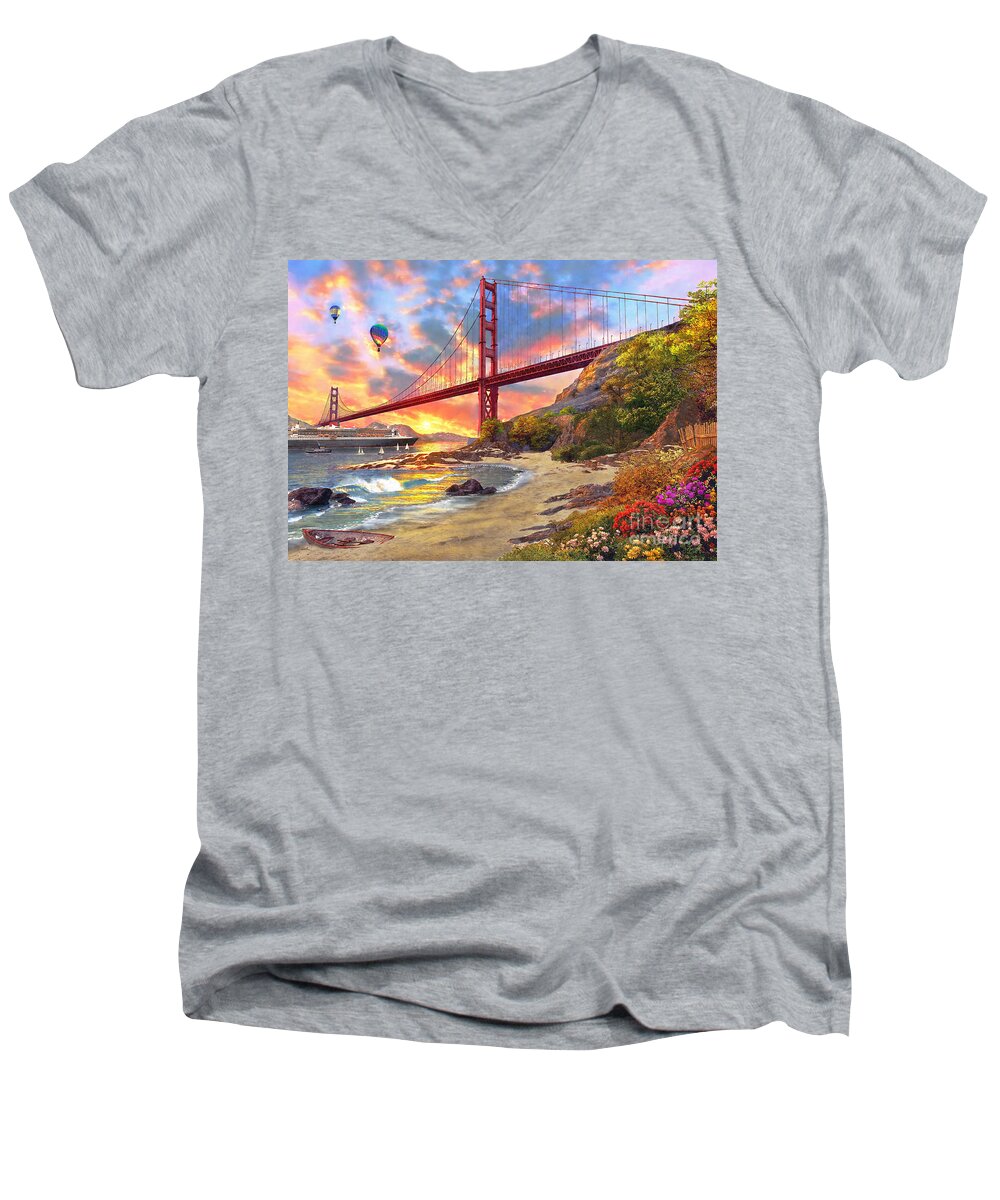 Golden Gate Men's V-Neck T-Shirt featuring the digital art Sunset at Golden Gate by MGL Meiklejohn Graphics Licensing