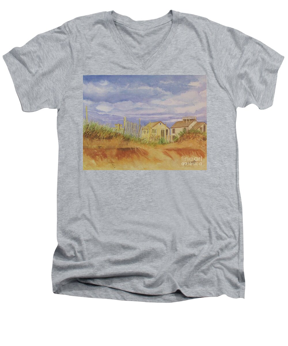 Landscape Men's V-Neck T-Shirt featuring the painting Sunset Nantucket Beach by Carol Flagg