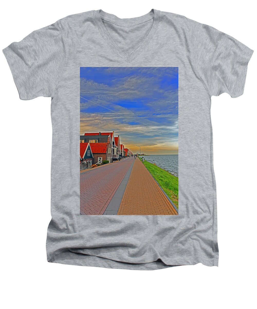 Travel Men's V-Neck T-Shirt featuring the photograph Sunset Over Volendam by Elvis Vaughn