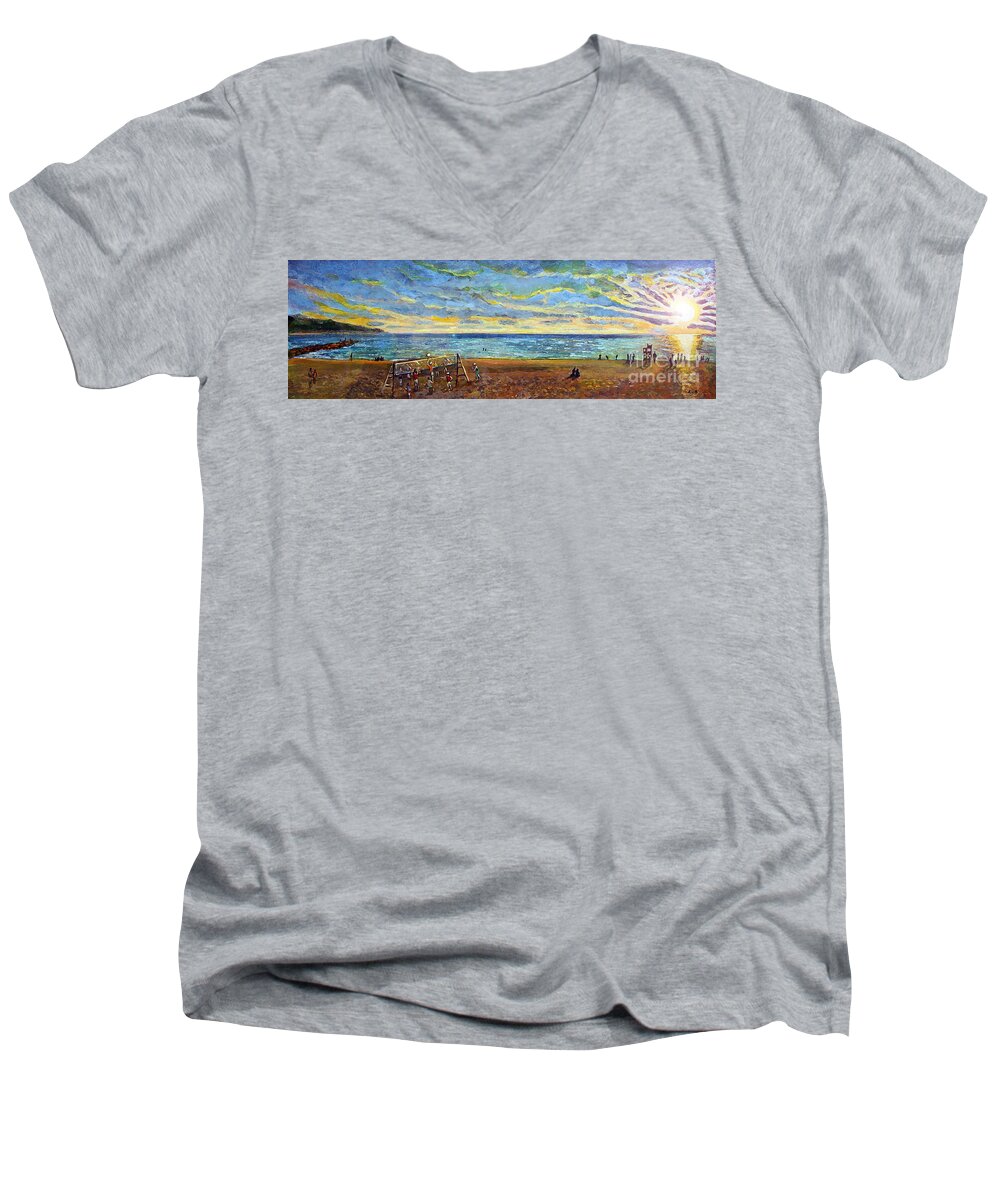 Old Silver Beach Men's V-Neck T-Shirt featuring the painting Sunset Volleyball at Old Silver Beach by Rita Brown