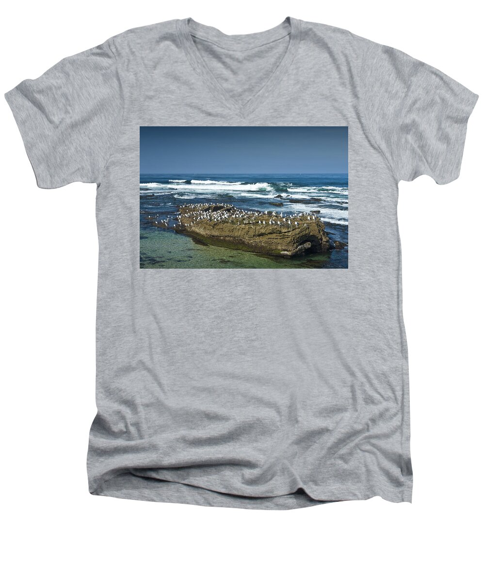 Ocean Men's V-Neck T-Shirt featuring the photograph Surf Waves at La Jolla California with Gulls perched on a Large Rock No. 0194 by Randall Nyhof