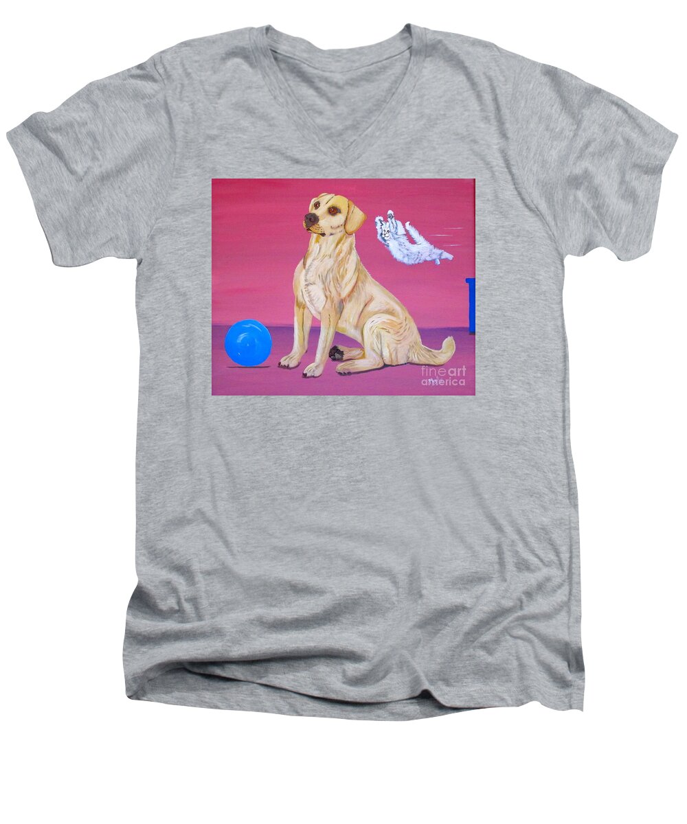Golden Lab Men's V-Neck T-Shirt featuring the painting A Playful Surprise by Phyllis Kaltenbach