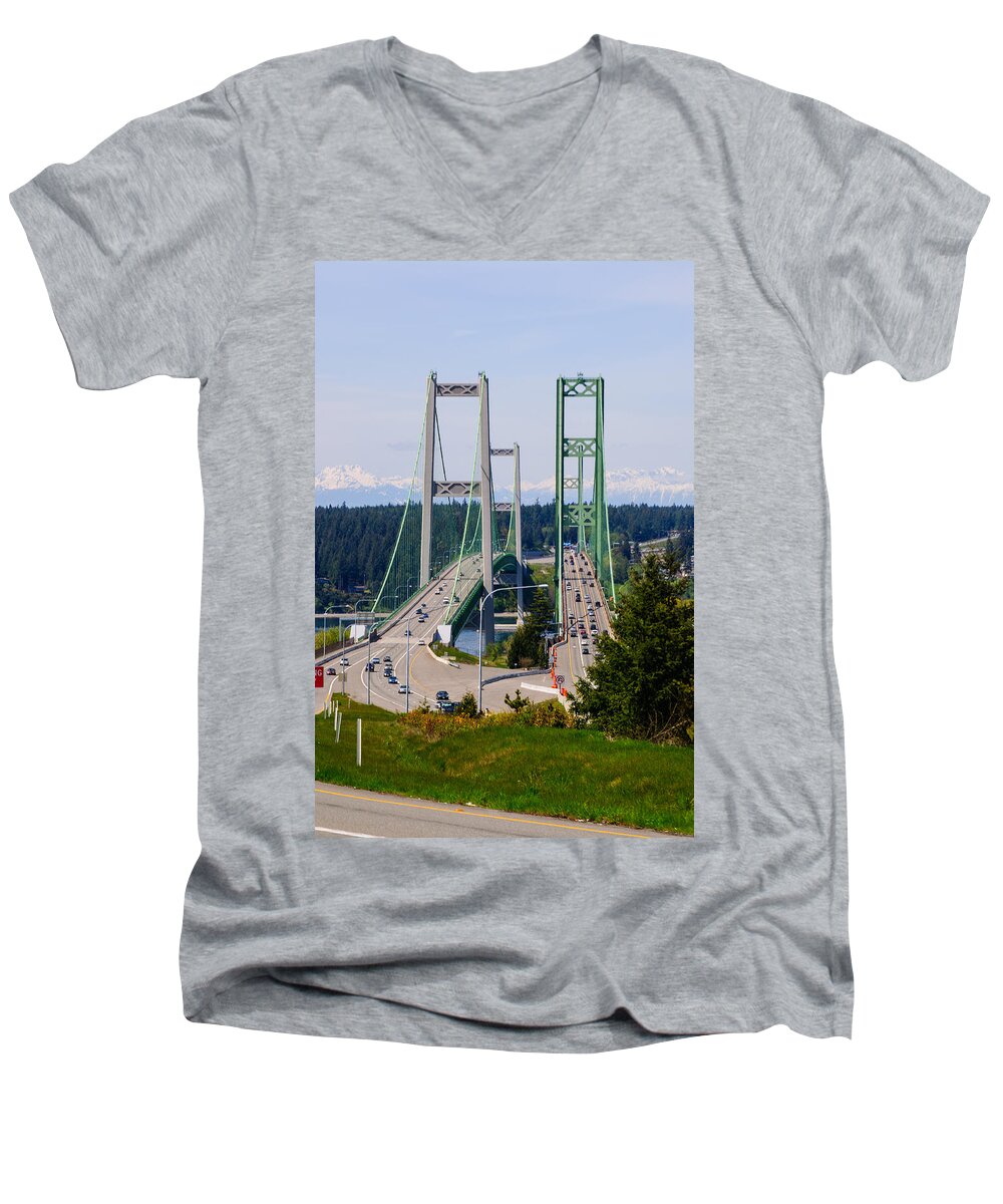 Tacoma Narrows Bridge Men's V-Neck T-Shirt featuring the photograph Tacoma Narrows Bridge by Tikvah's Hope