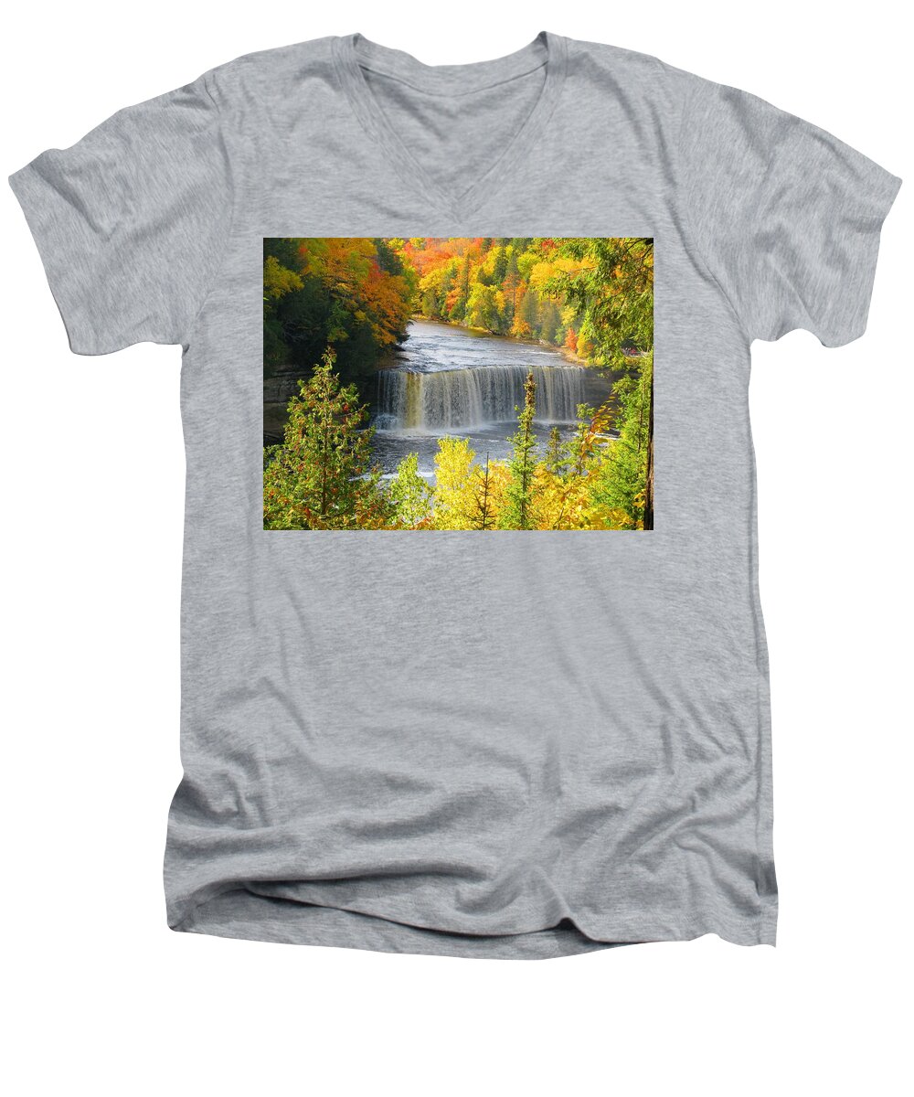 Waterfall Men's V-Neck T-Shirt featuring the photograph Tahquamenon Falls in October by Keith Stokes
