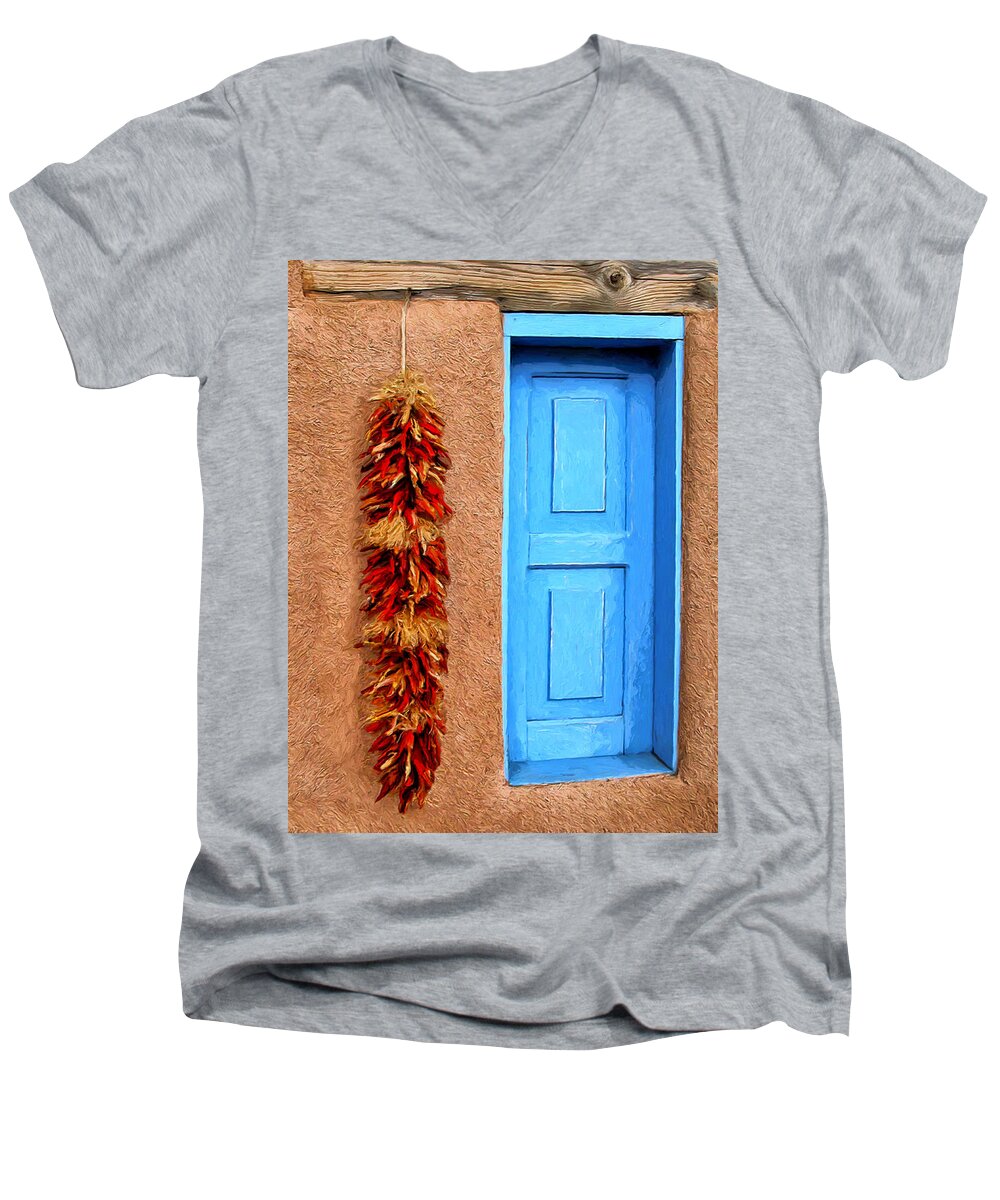 Taos Men's V-Neck T-Shirt featuring the painting Taos Blue Door by Dominic Piperata
