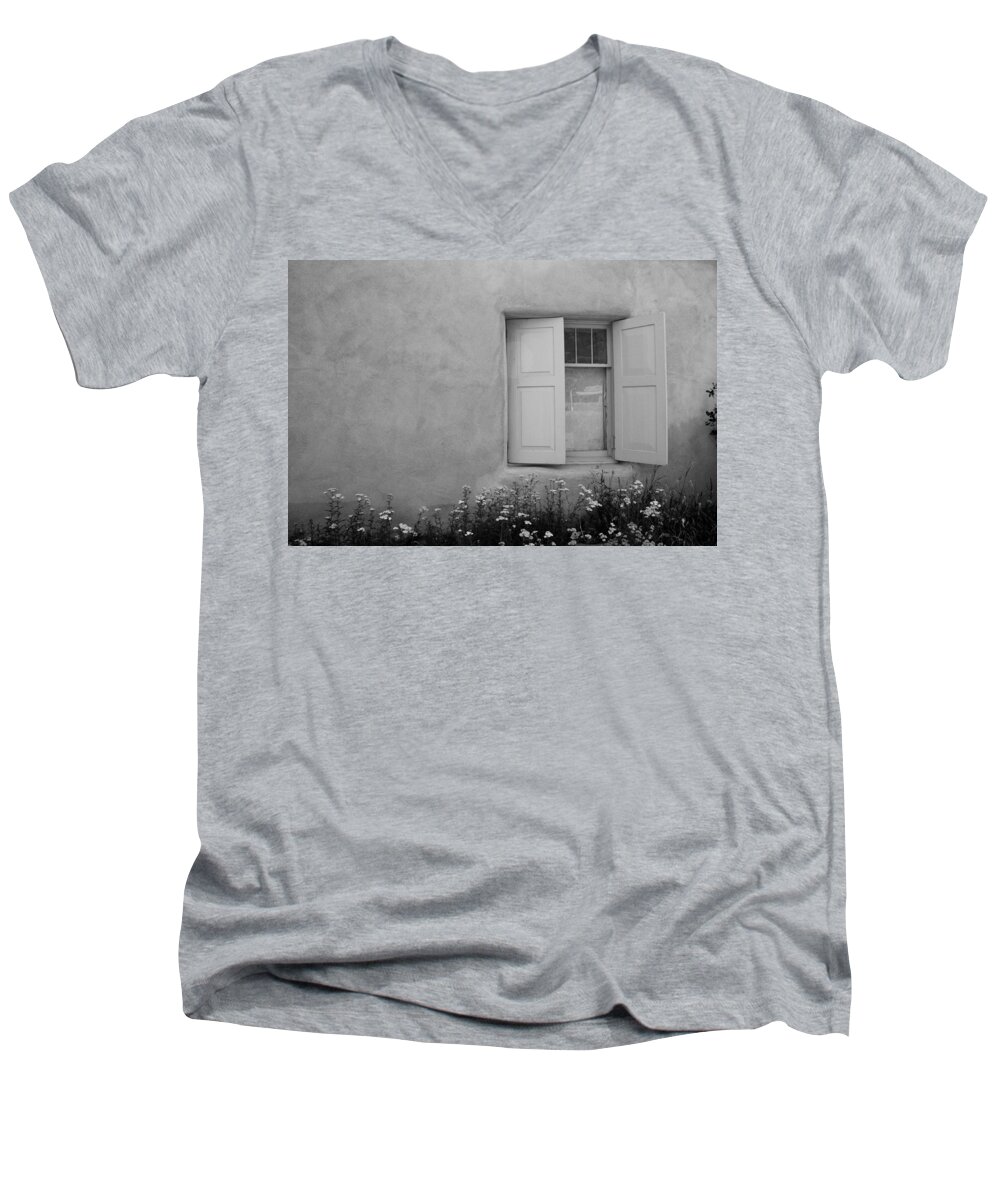 Rancho De Taos Men's V-Neck T-Shirt featuring the photograph Taos Window in Black and White by Lanita Williams