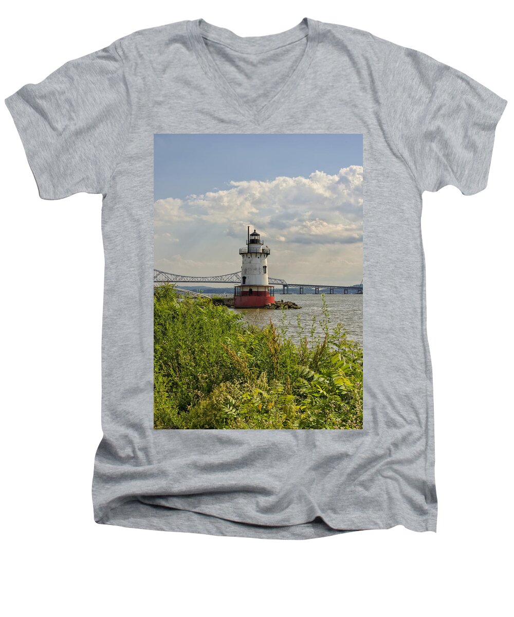 Tarrytown Men's V-Neck T-Shirt featuring the photograph Tarrytown Lighthouse and the Tappan Zee Bridge by Marianne Campolongo