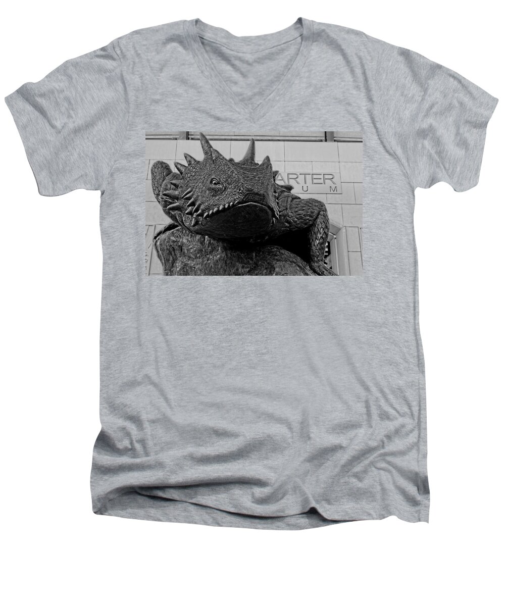 Tcu Men's V-Neck T-Shirt featuring the photograph TCU Horned Frog Black and White by Jonathan Davison