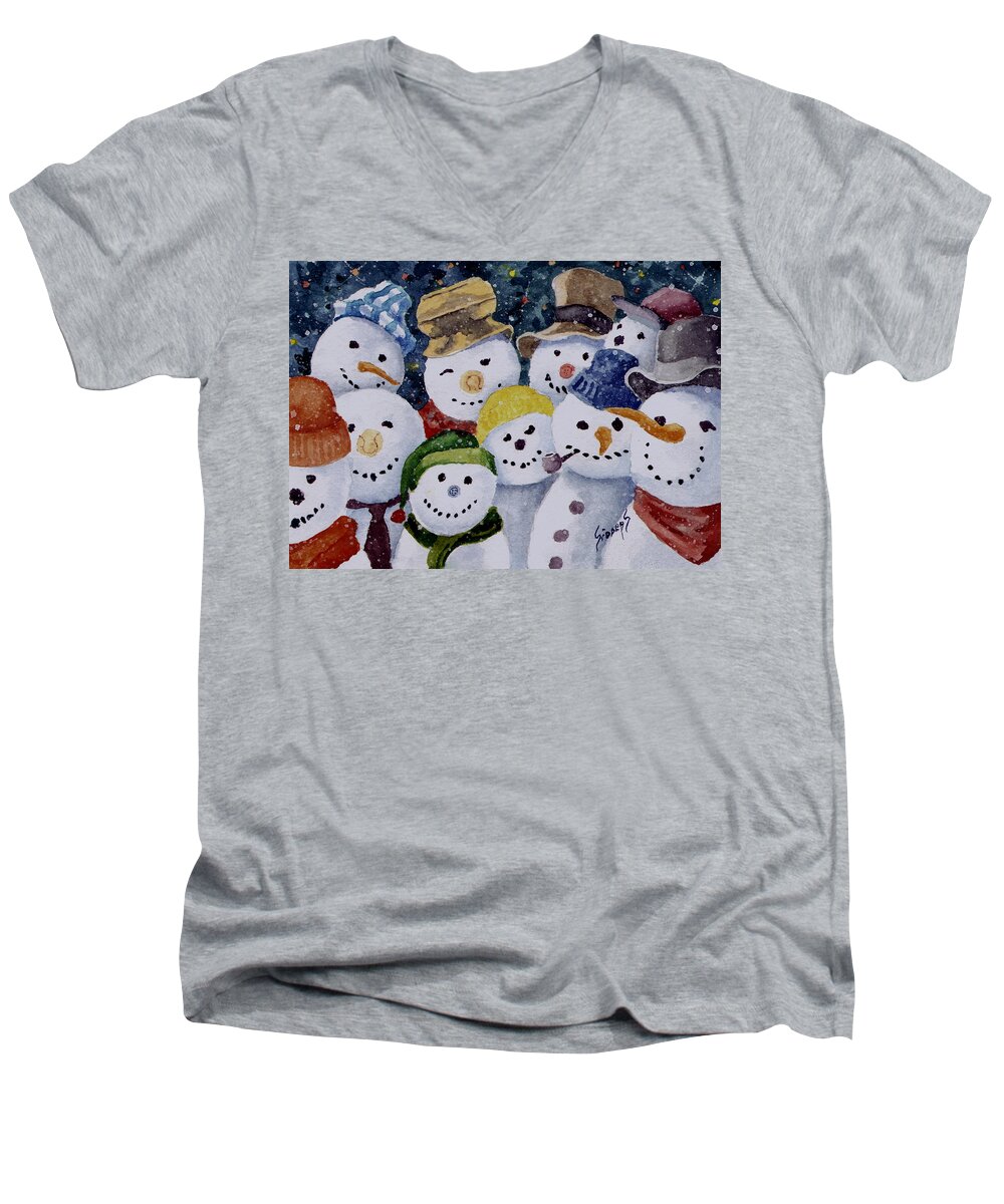 Snowmen Men's V-Neck T-Shirt featuring the painting Ten Little Snowmen by Sam Sidders