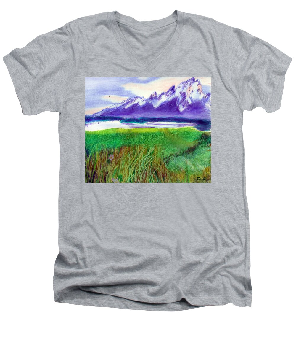 C Sitton Paintings Men's V-Neck T-Shirt featuring the mixed media Teton View by C Sitton