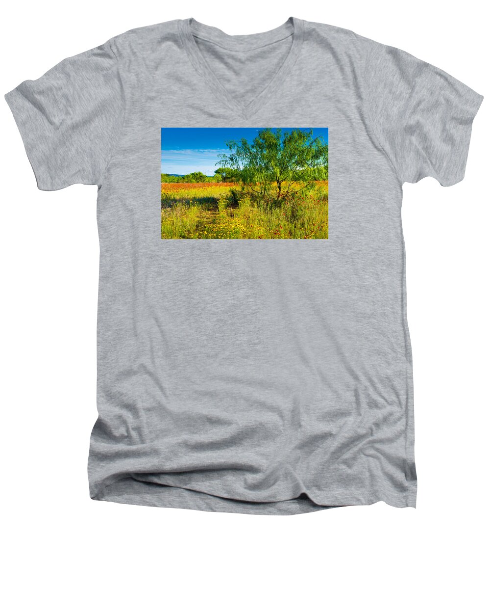 Texas Hill Country Men's V-Neck T-Shirt featuring the photograph Texas Hill Country Wildflowers by Darryl Dalton