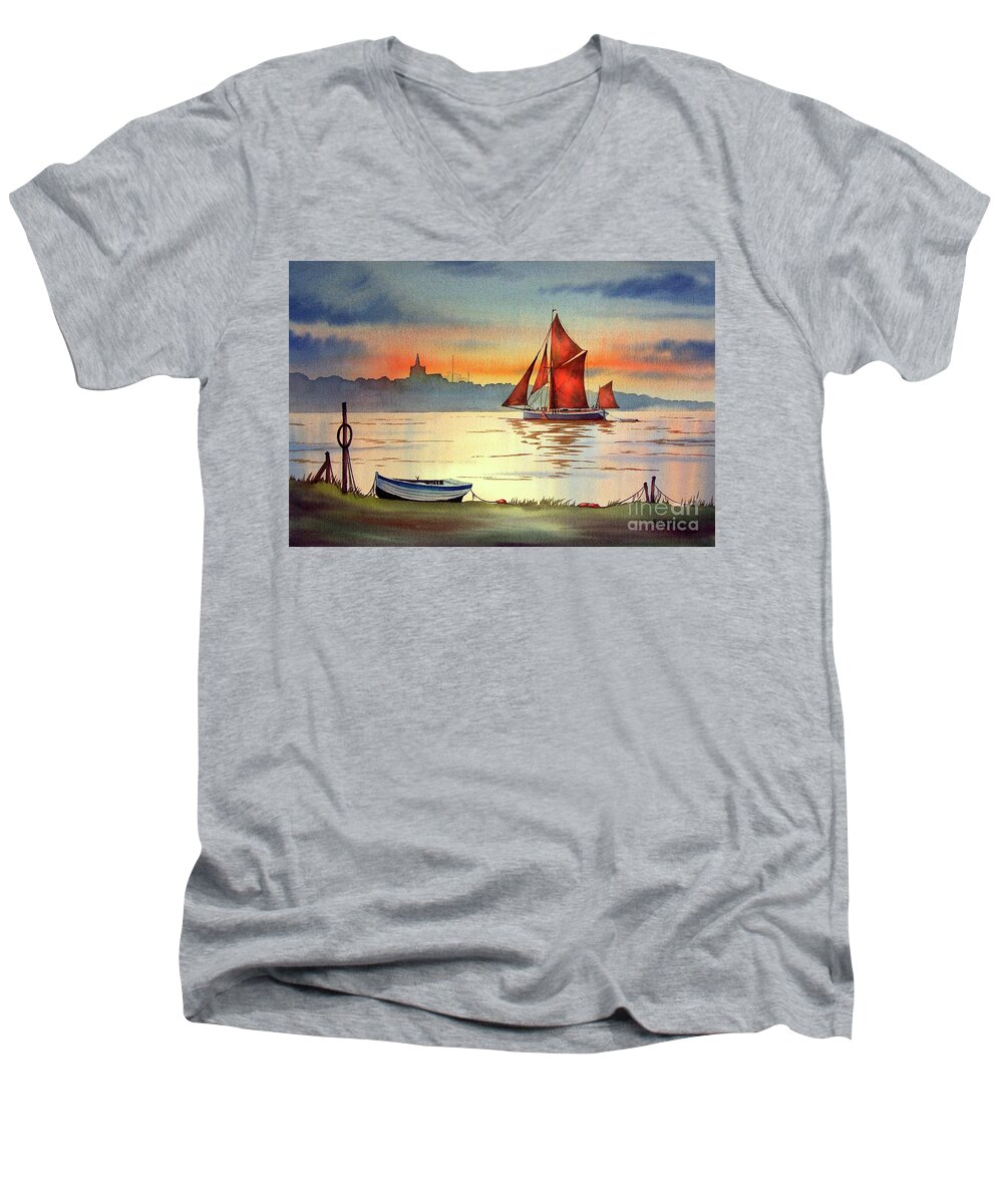 Thames Barge Men's V-Neck T-Shirt featuring the painting Thames Barge At Maldon Essex by Bill Holkham