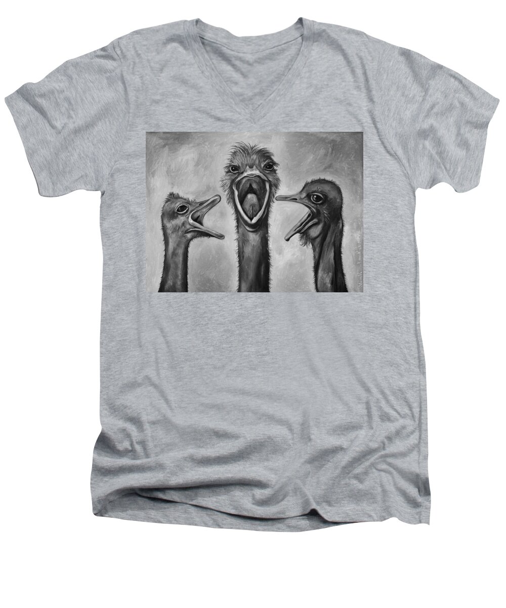 Ostrich Men's V-Neck T-Shirt featuring the painting The 3 Tenors bw by Leah Saulnier The Painting Maniac