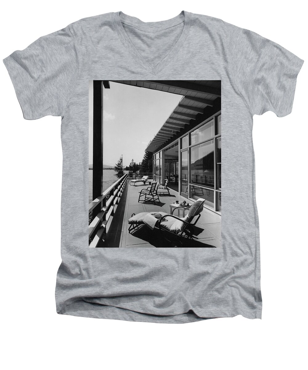 Architecture Men's V-Neck T-Shirt featuring the photograph The Alfred Rose Lake Placid Summer Home by Robert M. Damora