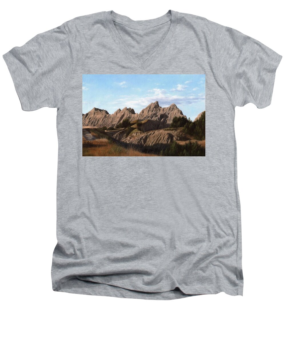 Badlands Men's V-Neck T-Shirt featuring the painting The Badlands in South Dakota Oil Painting by Rachel Stribbling
