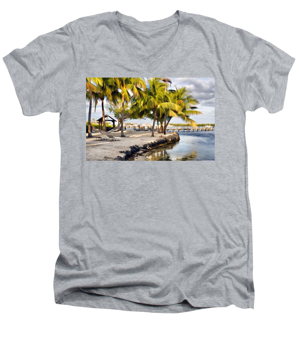 Tropical Island With Palm Trees Men's V-Neck T-Shirt featuring the photograph The Beach at Coconut Palm Inn by Ginger Wakem