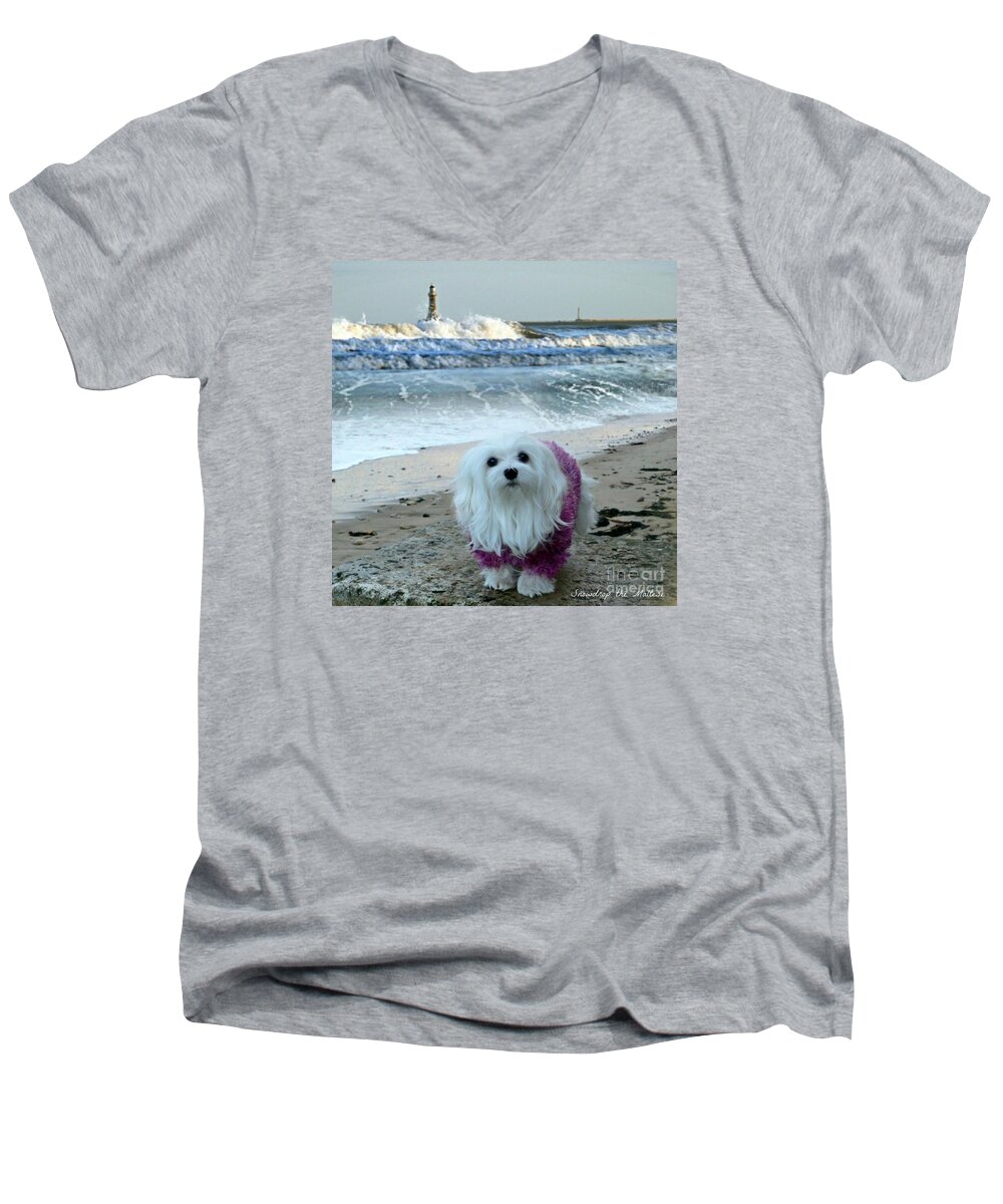 maltese Dog Men's V-Neck T-Shirt featuring the mixed media The Beach in Winter by Morag Bates